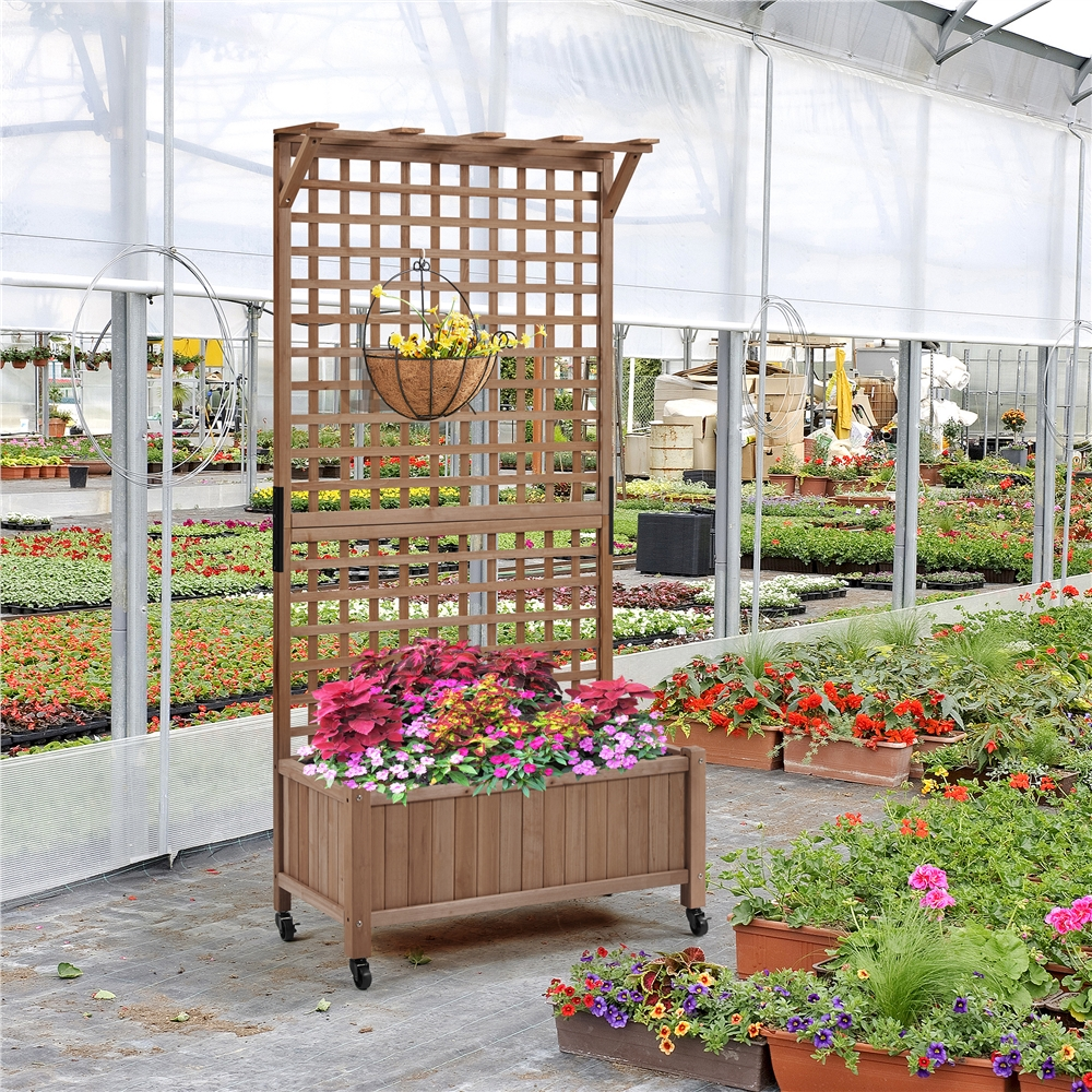 Renwick 72" H Rolling Wood Planter Raised Bed with Trellis, Dark Brown