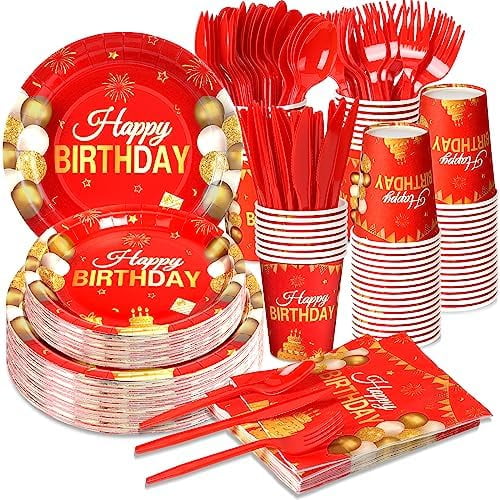 Pcs Red and Gold Party Supplies Tableware Set Happy Birthday Plates, Knife,Forks,Spoons, Cups and Napkins Table Decorations for Women Girls Birthday Party Decorations, 24 Guests