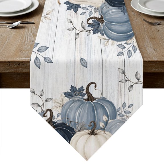 Navy Blue Pumpkin Fall Table Runner Linen Burlap Table Runner 60 Inches Long Thanksgiving Harvest Botanical Vintage Dresser Scarves for Kitchen Island Coffee Dining Room Party Holiday Decor 13"x60"