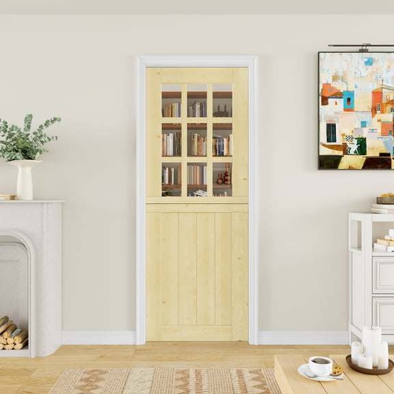 32" x 80" Qucik Assemble Jamb, Not Prehung, 9-Lite Split Dutch Door Unfinished Solid Pine Wood Clear Glass Slab Doors Half Interior Door