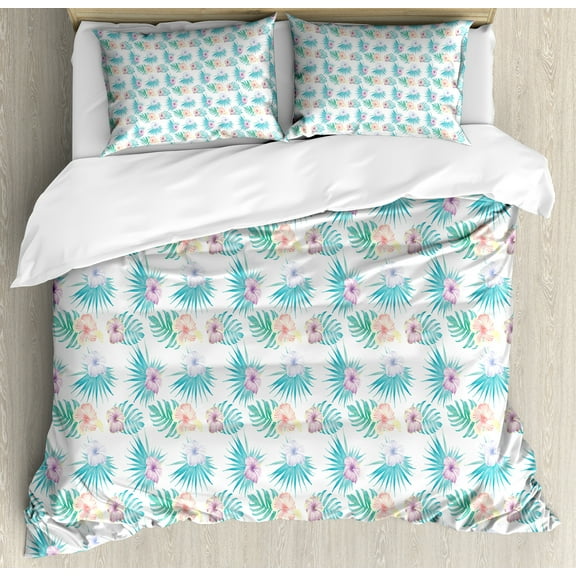 Ambesonne Hibiscus Duvet Cover Set, Summer Botanic Blossoms, Calking, Violet Turquoise