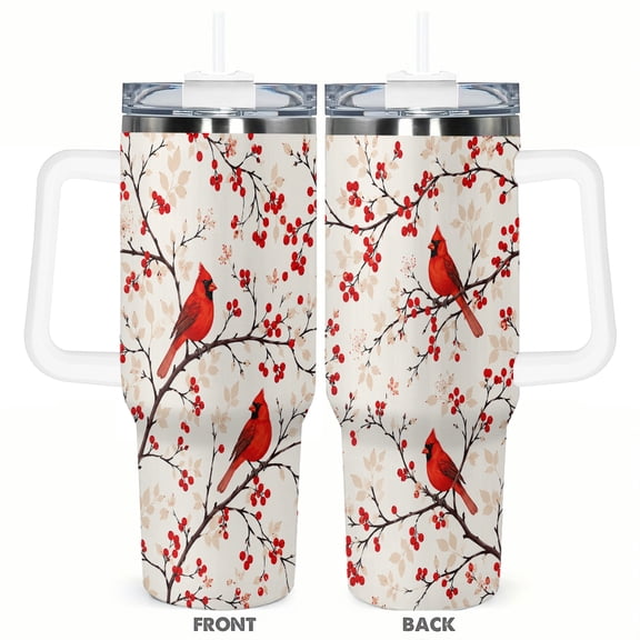 40oz Red Cardinal Bird Travel Tumbler with Handle and Straw Lid Berry Branch Insulated Car Coffee Cup Gift for Women