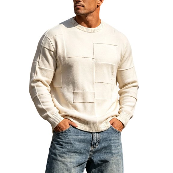 Iyufng Crew Neck Pullover Sweaters for Men Square Textured Long Sleeve Soft Warm Fashion Casual Men's Daily Knit Tops