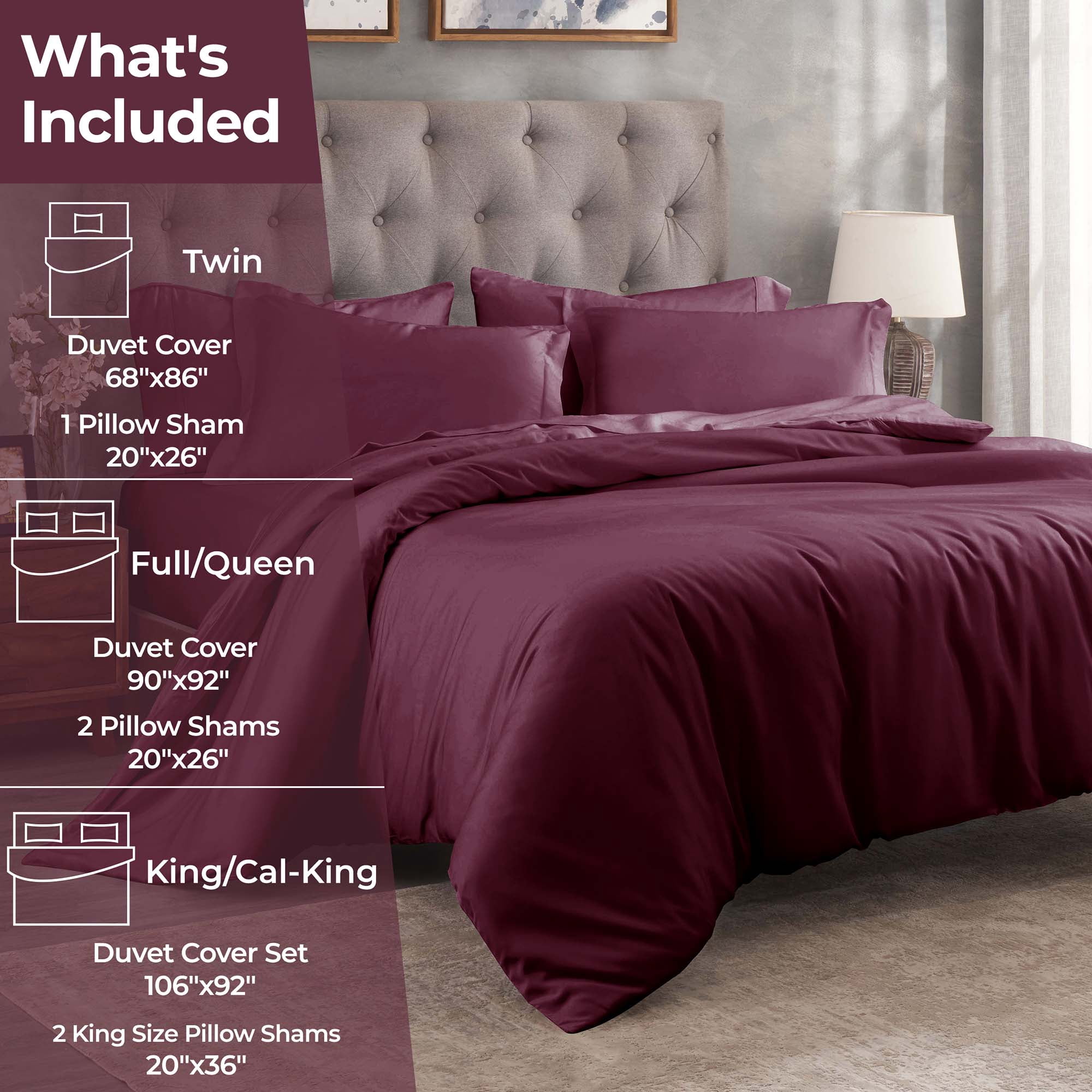 Superior Egyptian Cotton 400 Thread Count Duvet Cover Set, King/California King, Plum
