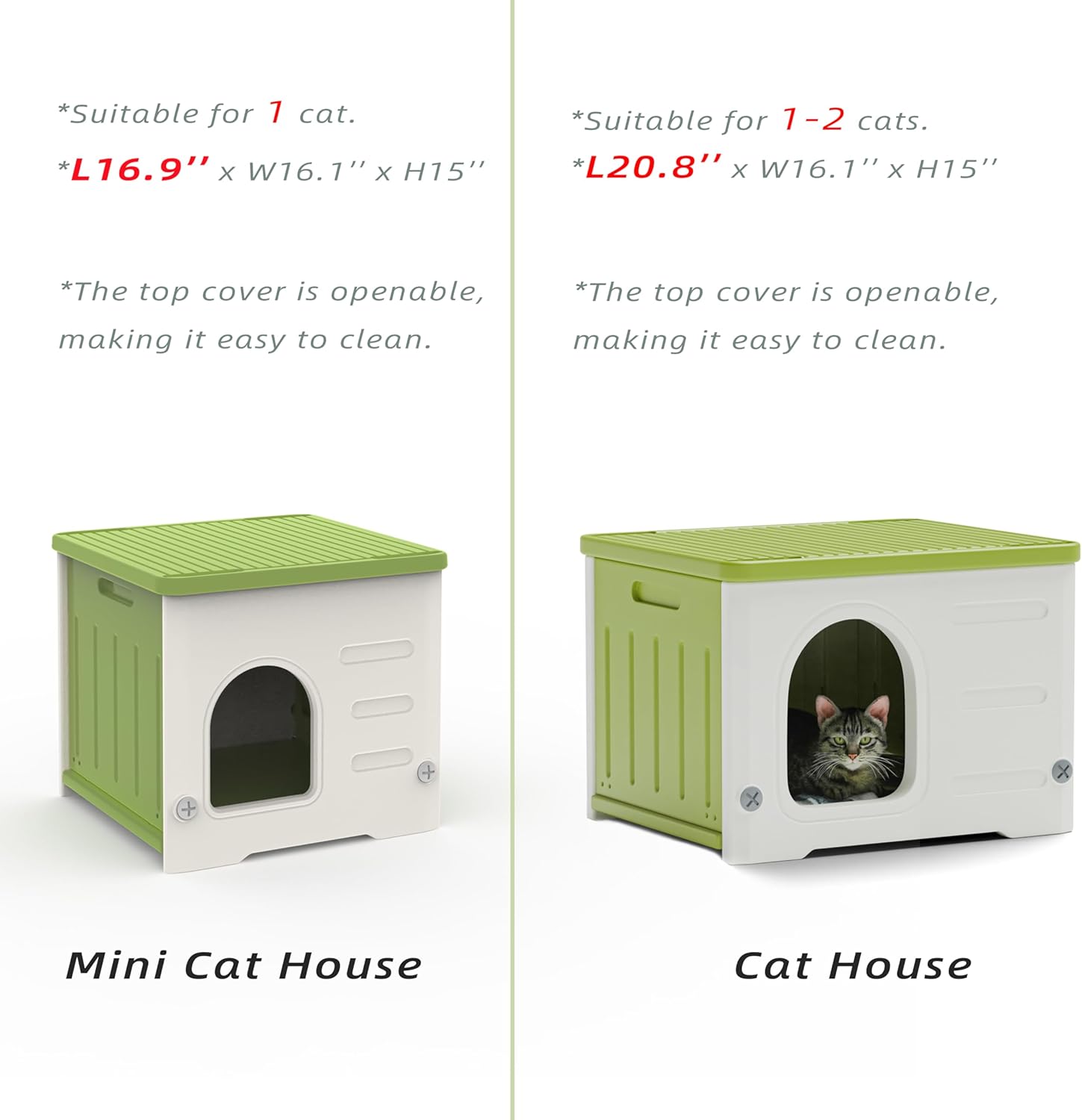 Plastic Cat House for Outdoor Indoor Use, Stackable Feral Cat Shelter Indoor Cat House Weatherproof Waterproof Elevated (Green)