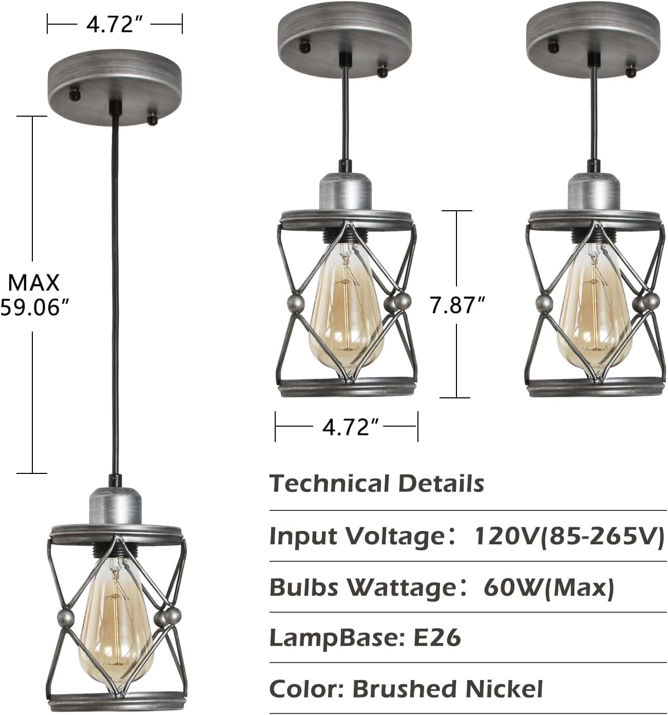 Industrial Pendant Lighting for Kitchen Island, Rustic Mini Cage Pendant Light, Farmhouse Pendant Lamp with Silver Grey for Dining Room, Hallway, Entryway, Bedroom