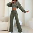 thumbnail image 4 of Scyoekwg Two Piece Sets for Women Solid Color Casual Fashion Loose Comfortable Short Crewneck Long Sleeve Tops Wide Legs Pants Two-piece Set Fall Outfits Tracksuit Set (Army Green,M), 4 of 8