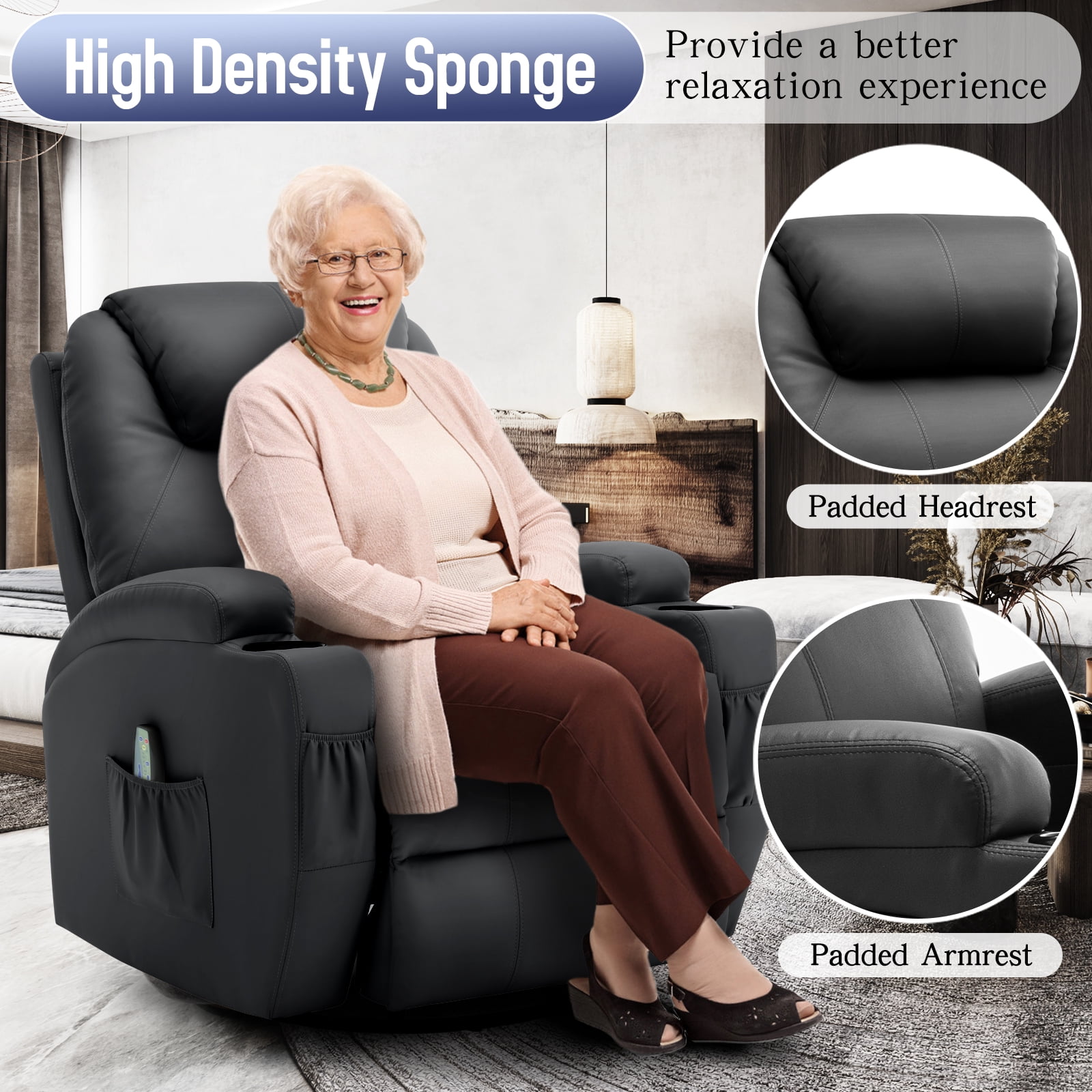 Korser Swivel Rocker Recliner Chair with Massage Faux Leather for Living Room,Black