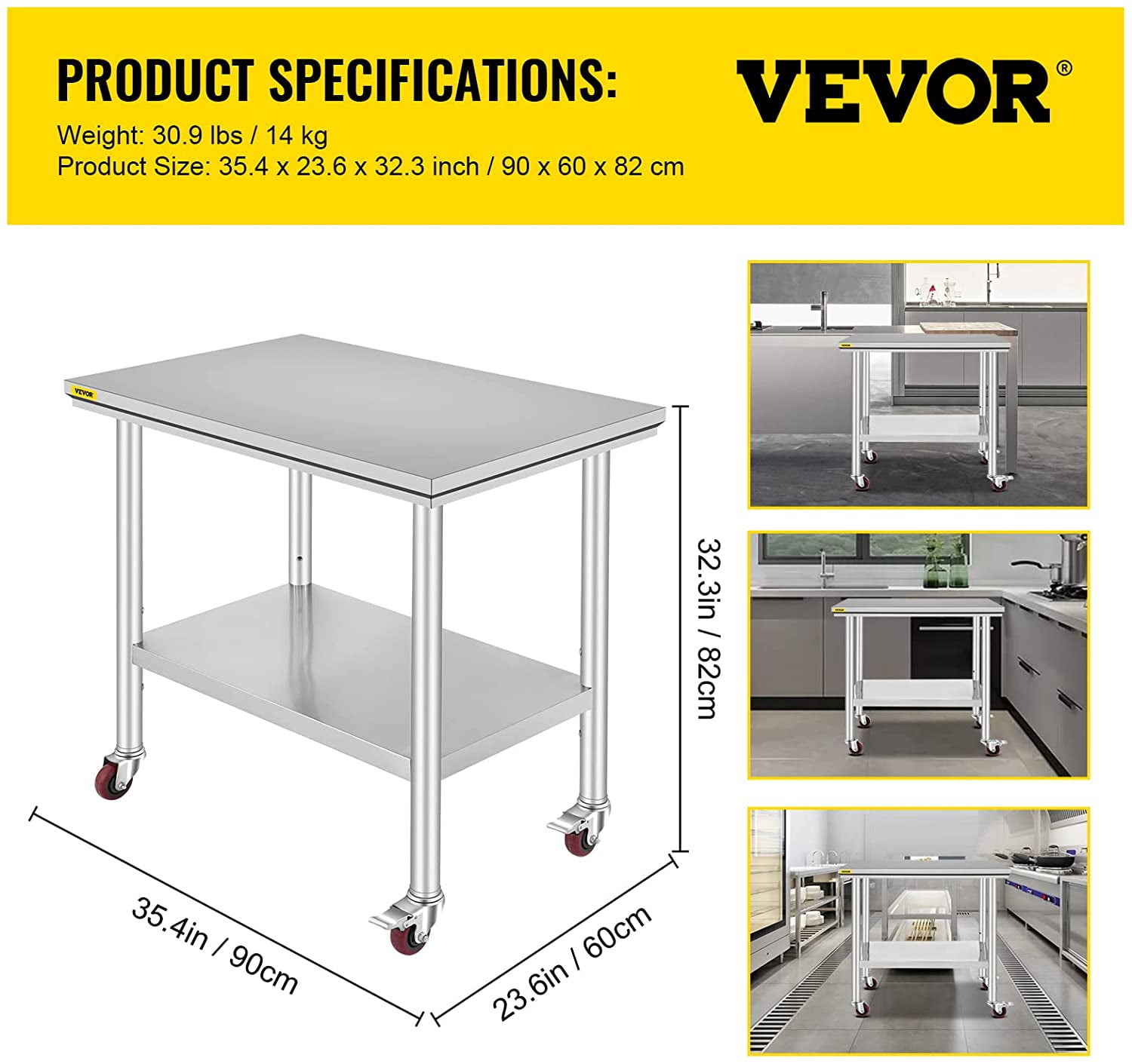 VEVOR Stainless Steel Work Table 36 x 24 inch with 4 Wheels Commercial Food Prep Worktable with Casters Heavy Duty Work Table for Commercial Kitchen Restaurant