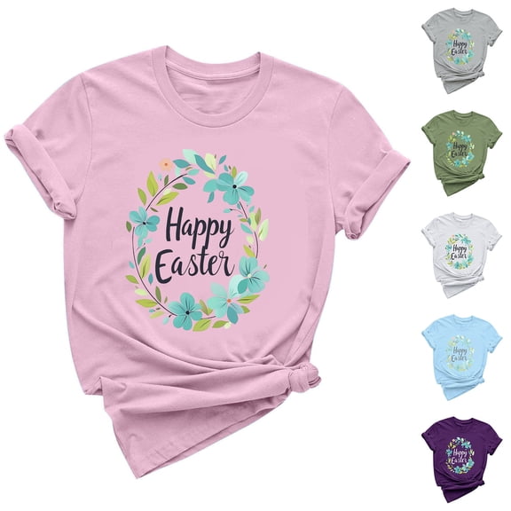 Womens Easter Print Short Sleeve Tshirts Summer Plus Size Trendy Round Neck Tee Casual Loose Fit Tops