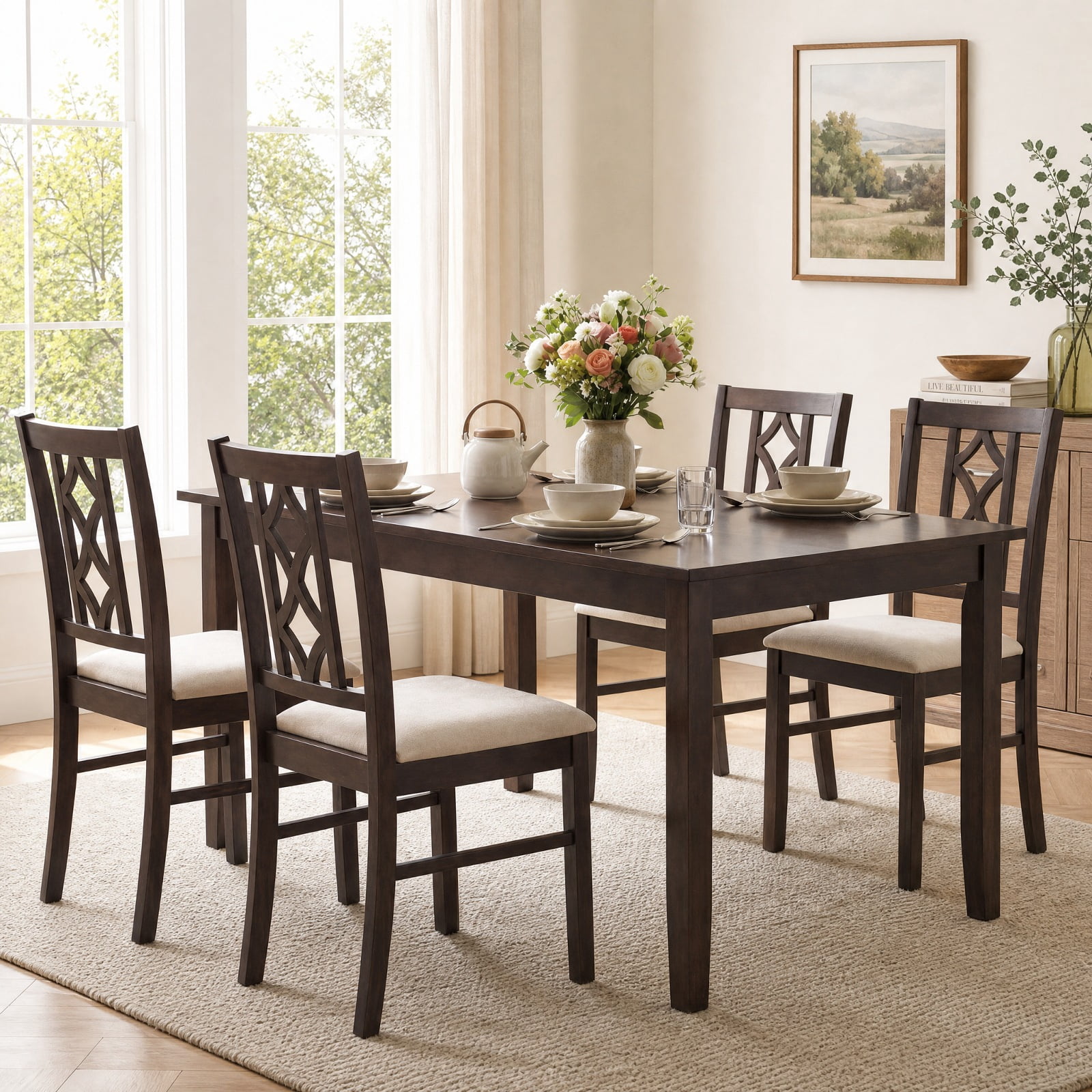 Furnibear Rubber Wood Dining Room Chairs Set of 2 with Hollowed Backrest and Padded Faux Linen Fabric Seat for Kitchen, Brown