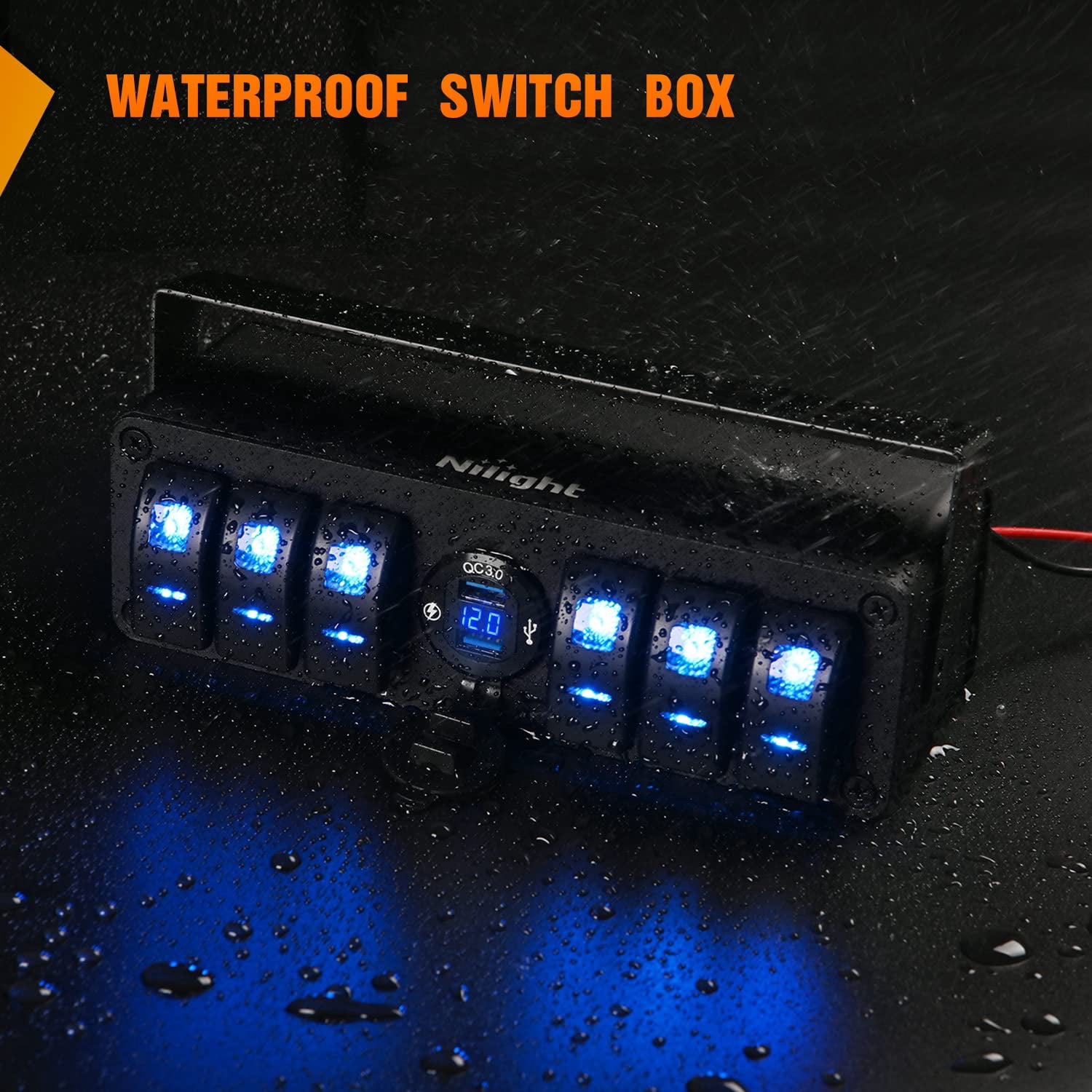 Nilight 6 Gang Rocker Switch Box 12V SPST ON Off Switch QC 3.0 USB Charger Voltmeter Waterproof Aluminum Rocker Switch Panel Night Glow Stickers for Boats Cars RVs Trucks, 2 Years Warranty,Blue