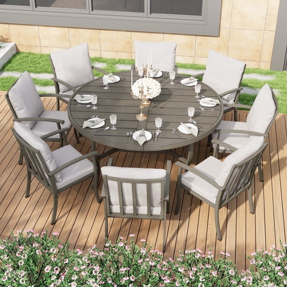 HAPPATIO Patio Dining Set, Aluminum Round Outdoor Dining Set for 8, 61" Round Dining Table with Umbrella Hole and 8 Chairs, Outdoor Table and Chairs with Removable Cushion for Lawn Yard Patio