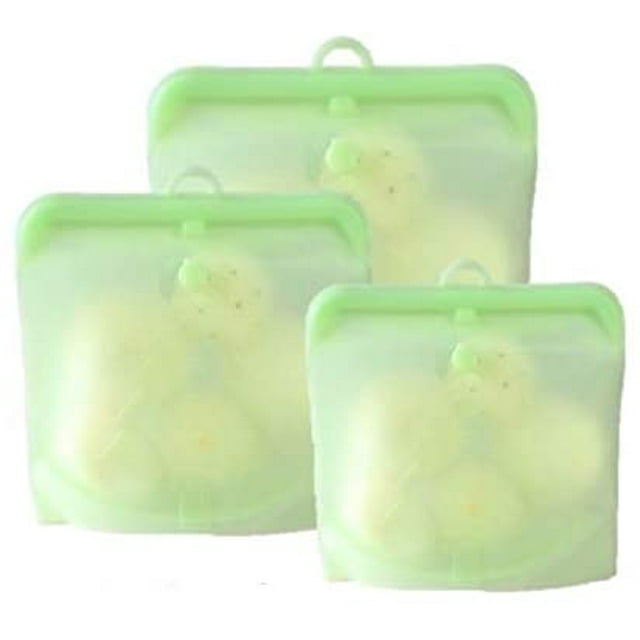 Sacs Réutilisables de Rangement pour Aliments, Silicone de Qualité Alimentaire 100 %, Va à la Cuisson, à l'Entreposage, au Micro-Ondes et au Congélateur, Ensemble de 3, Format 16oz+32oz+48oz
