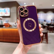 Plating Magnetic Case for iPhone 14 Pro Max, Compatible with MagSafe Wireless Charging Slim Lightweight Cover, Fashion Cute Love Hearts Pattern Lens Protection Case for Girls Women,Darkpurple