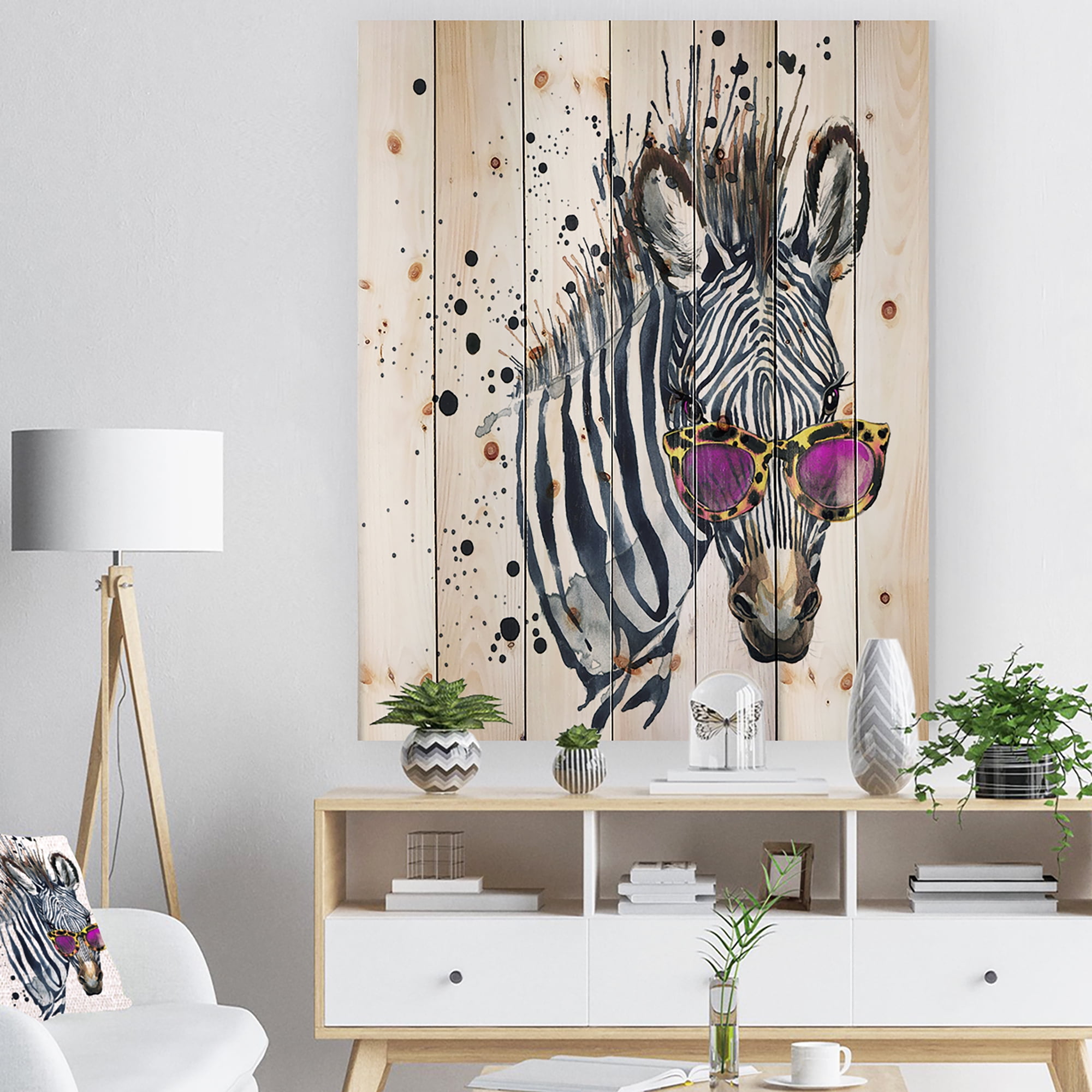 Designart 'Funny Zebra Watercolor' Animal Print on Natural Pine Wood
