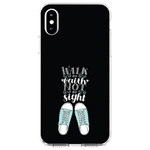 DistinctInk Clear Shockproof Hybrid Case for iPhone XR (6.1" Screen) - TPU Bumper, Acrylic Back, Tempered Glass Screen Protector - Walk By Faith Not By Sign - Sneakers