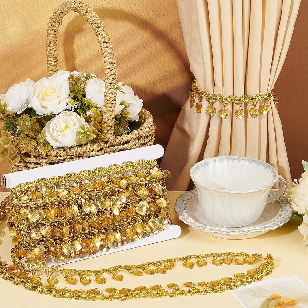 10 Yards Hanging Beads Fringe Lace 1-3/8 inch Wide Polyester Lace Ribbon with Champagne Yellow Bead Tassel Gold Metallic Braid Hanging Heart Beads Crafts