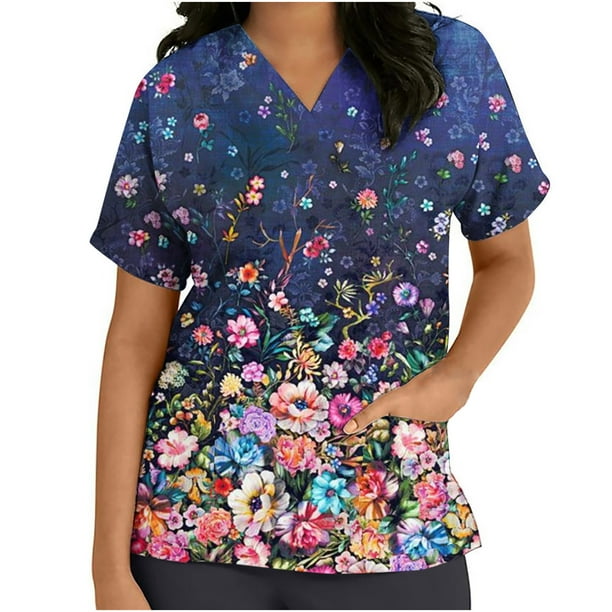 ICHUANYI Clearance Women Short Sleeve V-neck Tops Uniform Printed Pockets Blouse Nursing(Multicolor, XXL) ICHUANYI WER2023080910070