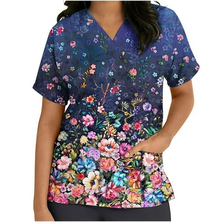 

Hesxuno Jogger Scrubs for Women Women Short Sleeve V-neck Tops Uniform Printed Pockets Blouse Nursing Oversized Scrub Shirts Sweatshirt