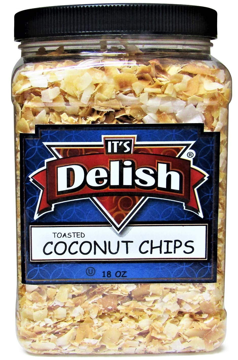 Gourmet Toasted Sweetened Coconut Chips by Its Delish - 18 Oz Jumbo Reusable Container Jar - Healthy Creative Snacks Favorite Food Crunch - Great For Snacking, Baking and Decorating