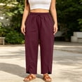 thumbnail image 2 of Women's Plus Size Linen Cotton Drawstring Elastic Waist Wide Leg Pants with Pockets, Mid Waisted Loose Fit Stretchy Comfy, Casual Summer Beach Lounge | VerBelle,Wine 2XL, 2 of 8