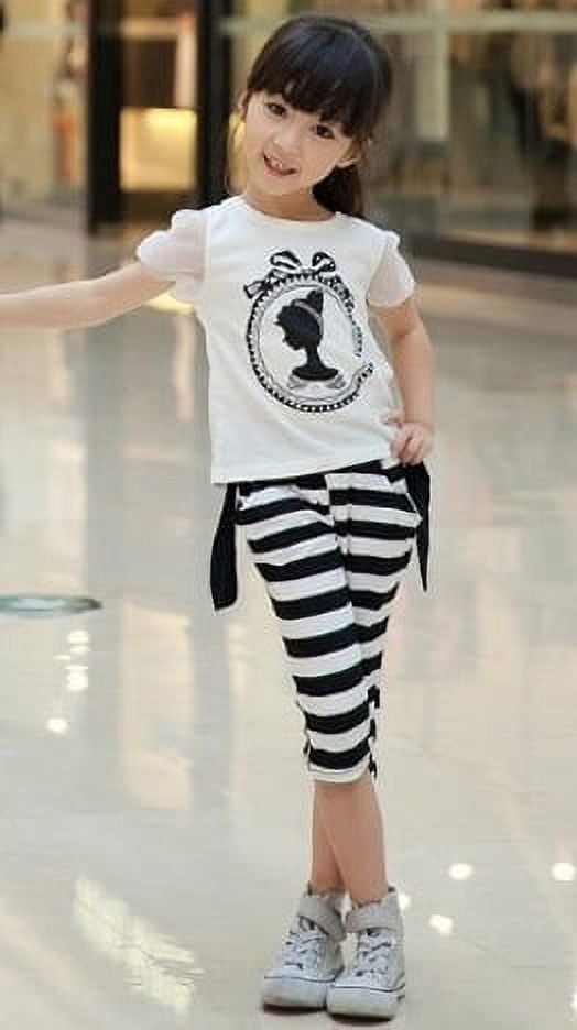 K-Cliffs Unique Little Girls 2 Pieces Casual Outfit Young Princess Portrait Silhouette Black & White Striped Capri Pants, 4Y