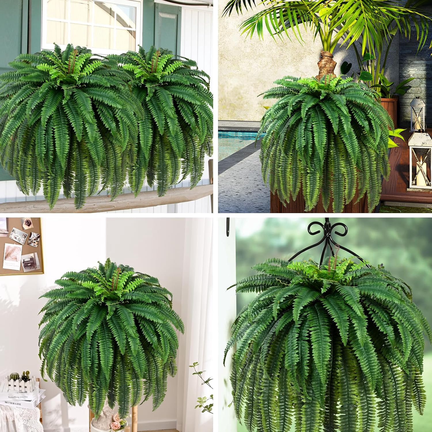 Waipfaru 2 Pack Large Artificial Boston Ferns for Outdoors,UV Resistant 60 inch Lush Faux Ferns with 96 Fronds, Realistic Fake Hanging Plants for Front Porch Planter Patio Garden Decor