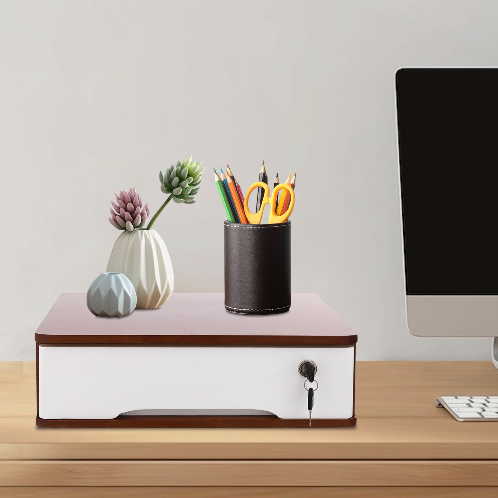 Office Wood Desktop Drawer Cabinet with Lockable Drawer, File Organizer Storage Box Countertop Drawer Cabinets for Home Office (Walnut Color+White)