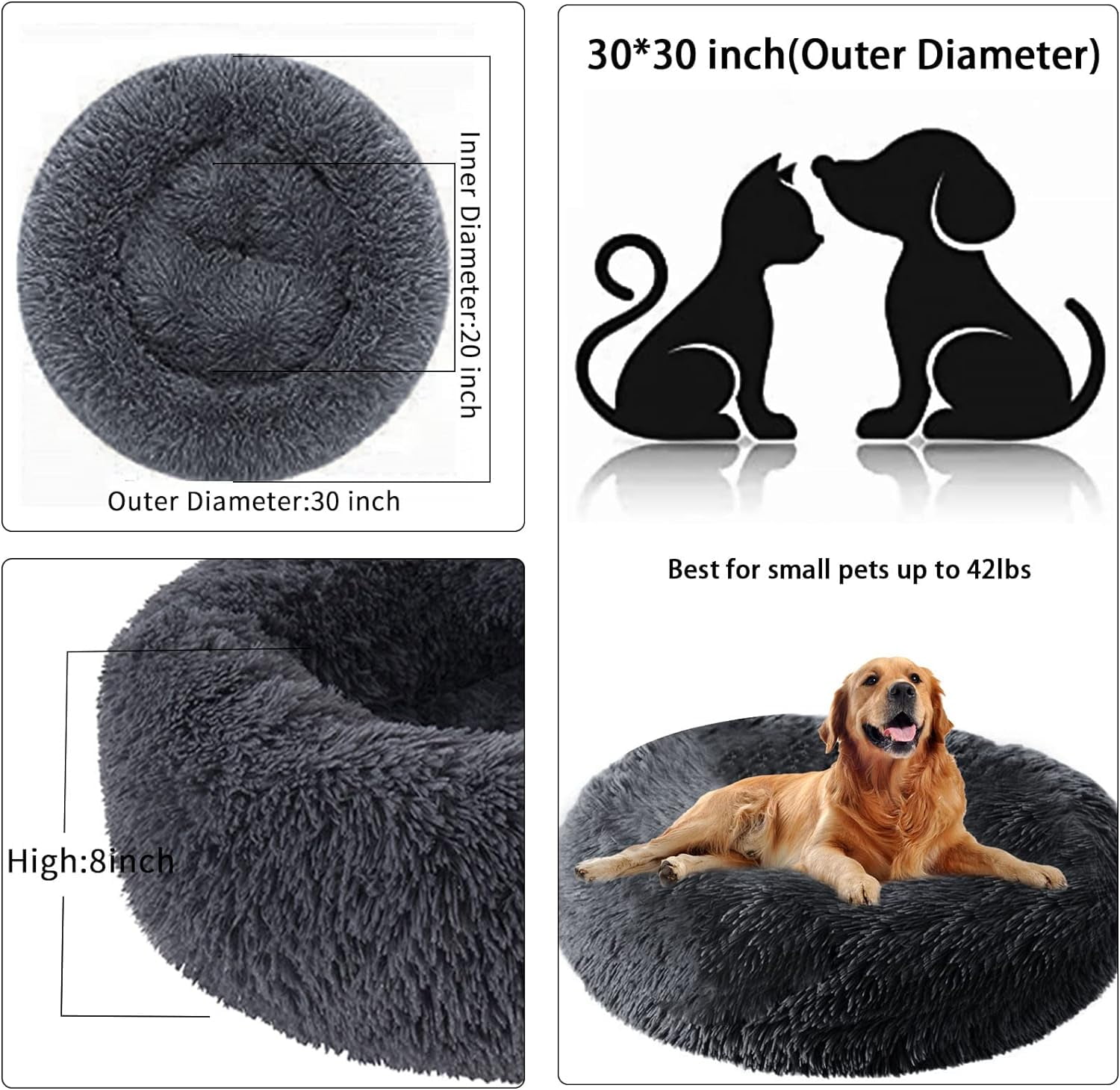 GHODEC Dog Donut Round Calming Bed, 31 inch Calming Washable-Round Cozy Soft Dog Bed  with Non-Slip Bottom,Fits up to 45 lbs Pets, Dark Grey