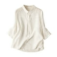 thumbnail image 3 of Dazajoo Button Down Shirt for Women 3/4 Sleeve Cotton Linen Tops Summer Loose Lapel Vintage Embroidered Tees Blouses,White,L, 3 of 7