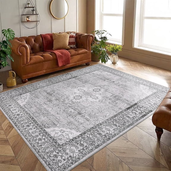 Garvee 8'x10' Vintage Persian Rug Machine Washable Boho Area Rugs Stain-Resistant Non-Shedding Rug for Dining Room Home Office, Gray