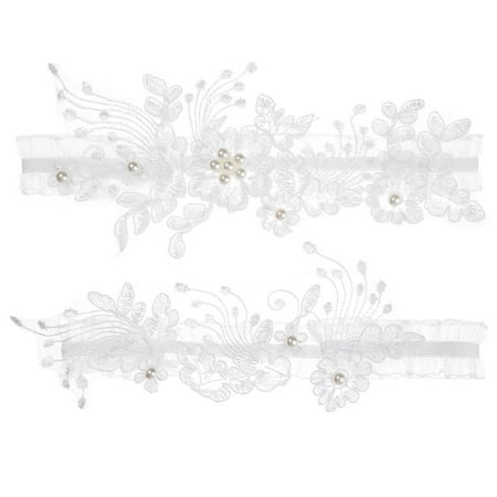

Women Handmade Stretch Leg Garter Bridal Garter Embroidered Stretch Garter Lace Lace Flower Pearl Garters Lace Leg Ring Set WHITE M