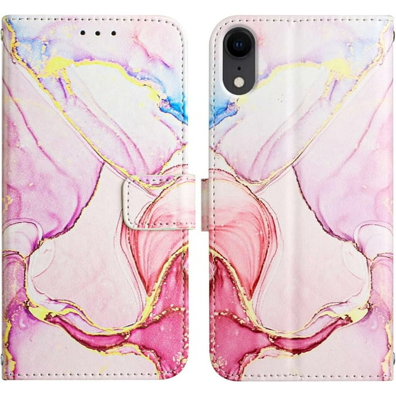 Case for iPhone XR, iPhone XR Wallet Case Cute with Kickstand Magnetic and Card Holder Leather Flip Protective Case for Women Compatible with iPhone XR Marble Rose Gold