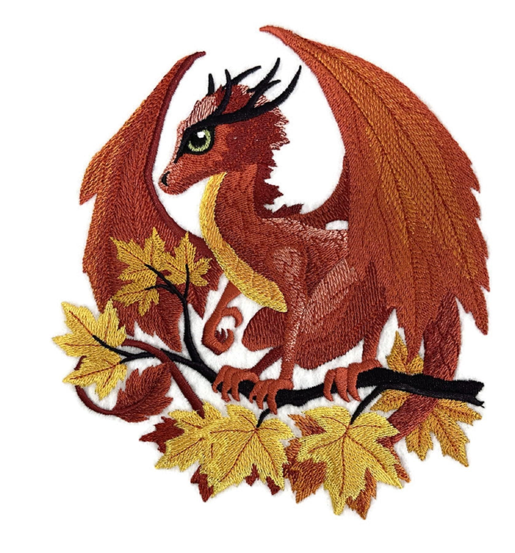 Custom Autumn Dragon Embroidery Iron On/Sew Patch (6.8" x 7.8")
