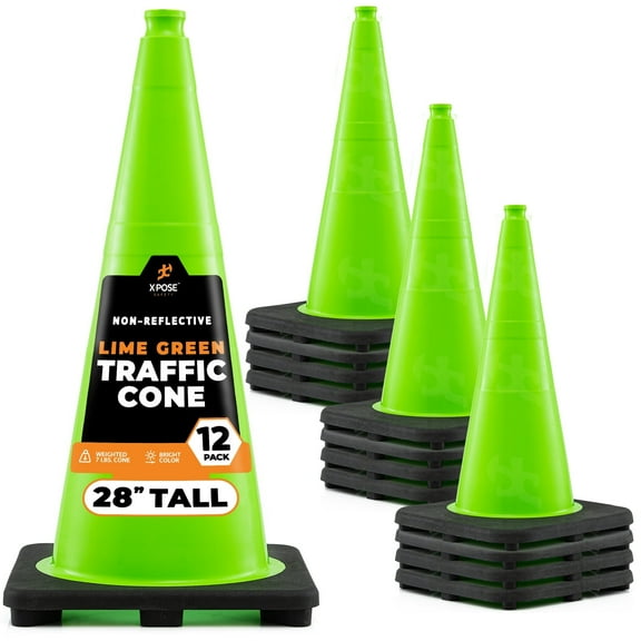 28” Lime Green Traffic Cone - 12 Pack - Premium PVC Safety Cone for Parking, Caution, Construction, Road Crews, Emergency Vehicle - Xpose Safety
