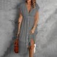 thumbnail image 1 of Robes Robe d'Été Mode Décontractée Femme Décolleté Profond Simple Boutonnage Manches Courtes Taille Double Tulle Couleur Unie Robe Gris Foncé TTTG, 1 of 5