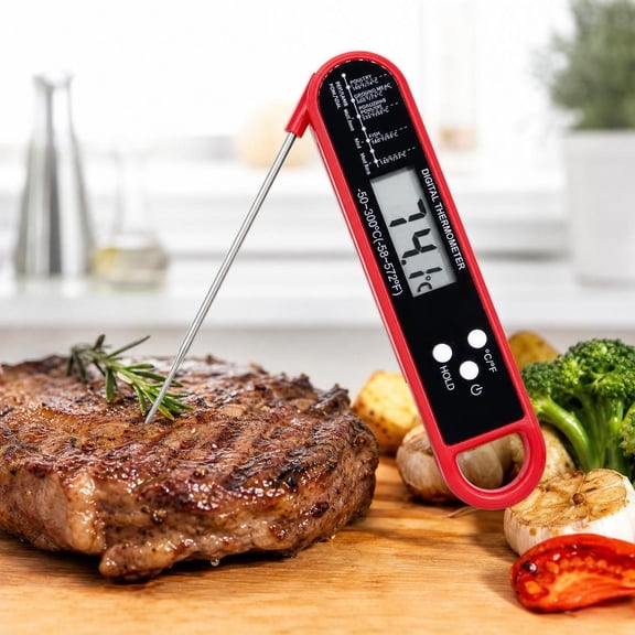 Instant Read Digital Meat Thermometer with Foldable Probe, LCD Display Food Thermometer with °C/°F Switch for BBQ Grill Cooking, Red