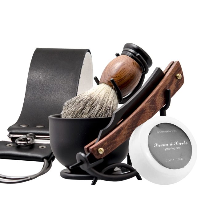 Kit de maquinilla de afeitar recta Grandslam Maquinilla de afeitar recta de acero con cepillo de afeitar con correa de cuero Tazón de afeitar de acero inoxidable y soporte Jabón de afeitar Regalo para