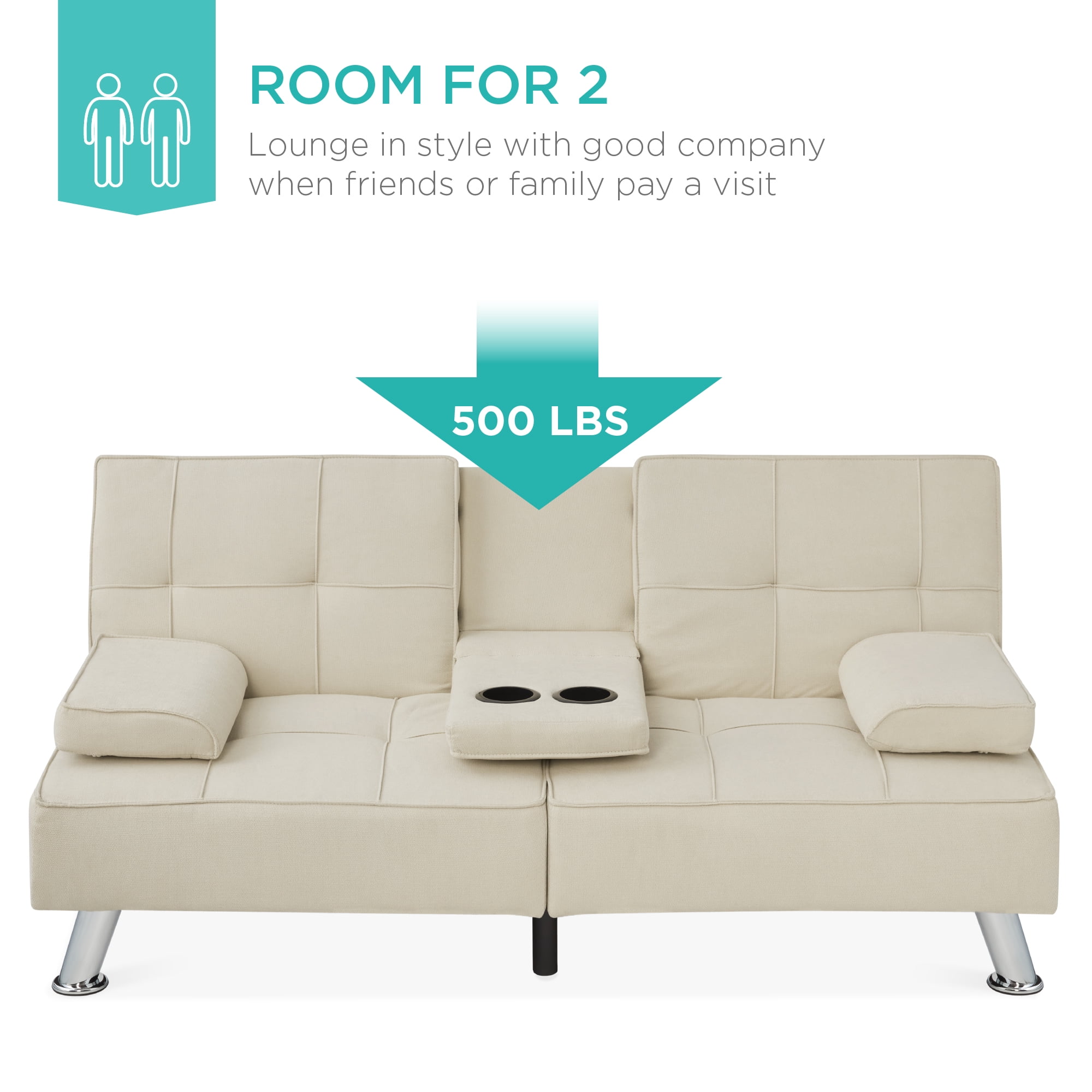 Best Choice Products Modern Linen Convertible Futon Sofa Bed w/ Removable Armrests, Metal Legs, Cupholders - Ivory
