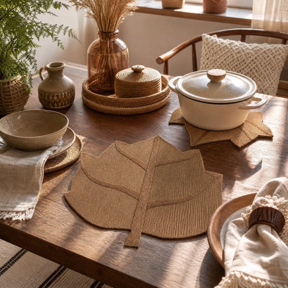 Maple Leaf Placemat, Fall Leaf Shaped Table Mat, Natural Jute Woven, Thanksgiving Dining Table Decor, Reusable