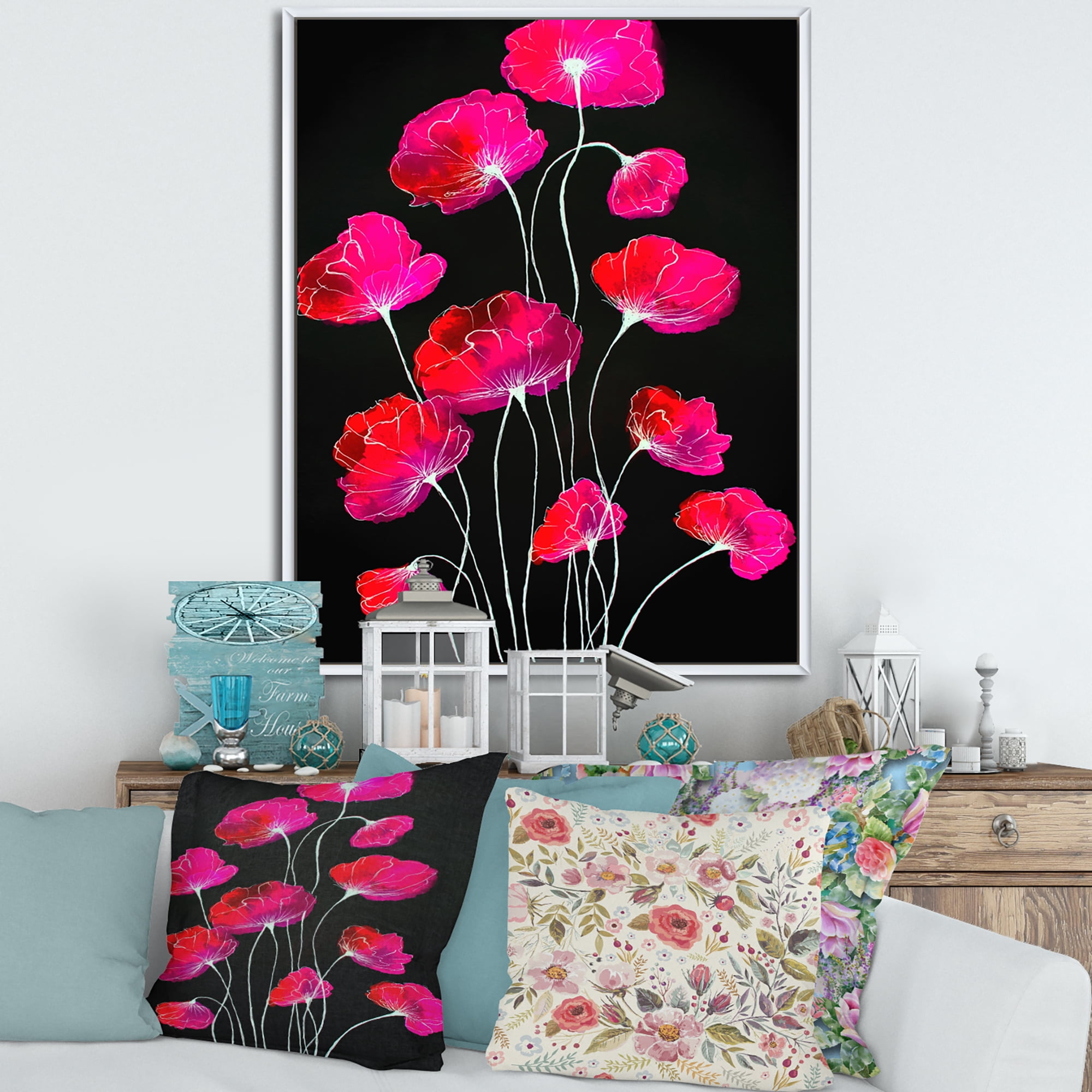 Abstract Red Flower Detail On Black Background III 12 in x 20 in Framed Painting Canvas Art Print, by Designart