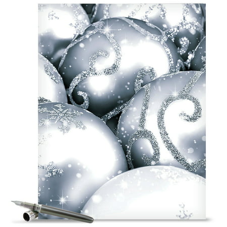 J3961CXSG Large Merry Christmas Card: 'Visions In Silver' Featuring Eye-Catching Photography of Silver and Glitter Ornaments Greeting Card with Envelope by The Best Card
