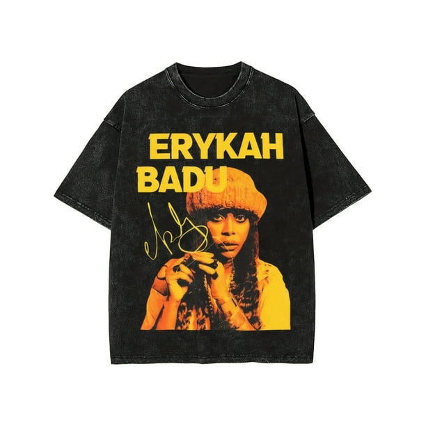 Men's Erykah Badu Pattern T-Shirt - Vintage Washed Cotton Short Sleeve T-Shirt, Featuring Bold 'Erykah Badu' Print, Loose Casual , Suitable For Casual Wear, Everyday Fashion | Artistic Design