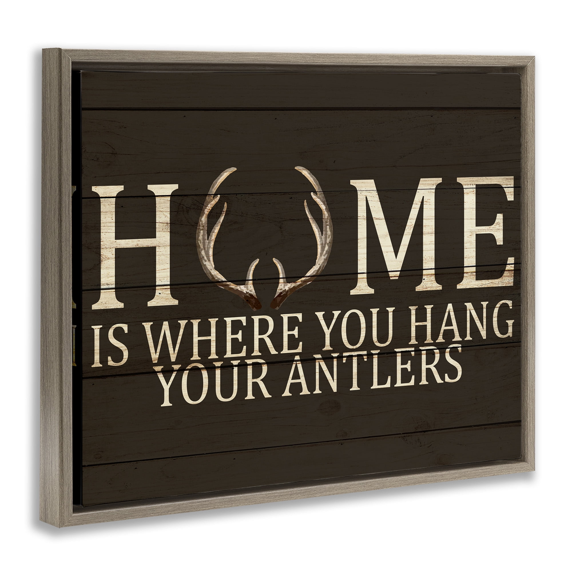 Stupell Industries Hang Your Antlers Rustic Hunting Phrase Inspirational Painting Brown Floater Framed Canvas Art Print Wall Art, 31 x 25