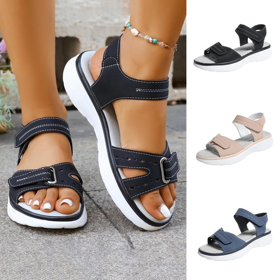 BRGZLK Sandals with Arch Support For Woman Casual Summer Versatile Breathable Solid Color Wide Width Open Toe Ankle Strap Comfortable Slip On Beach Walking Shoes