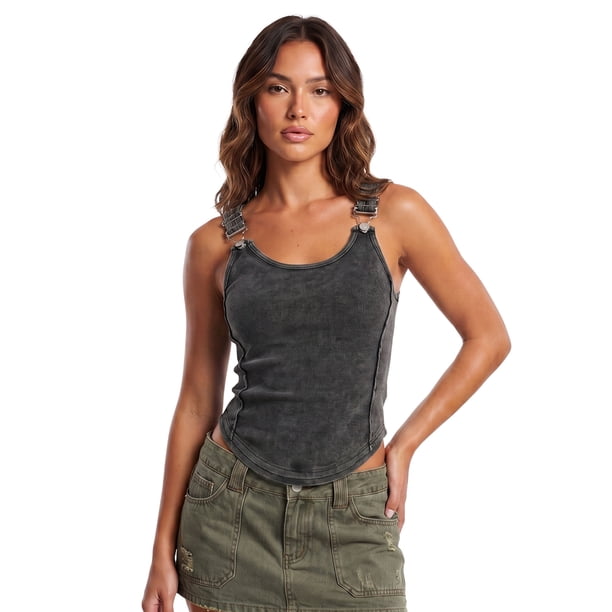Camiseta sin mangas acanalada para mujer, elegante camisola sin mangas con tirantes de hebilla metálica y bajo curvado.