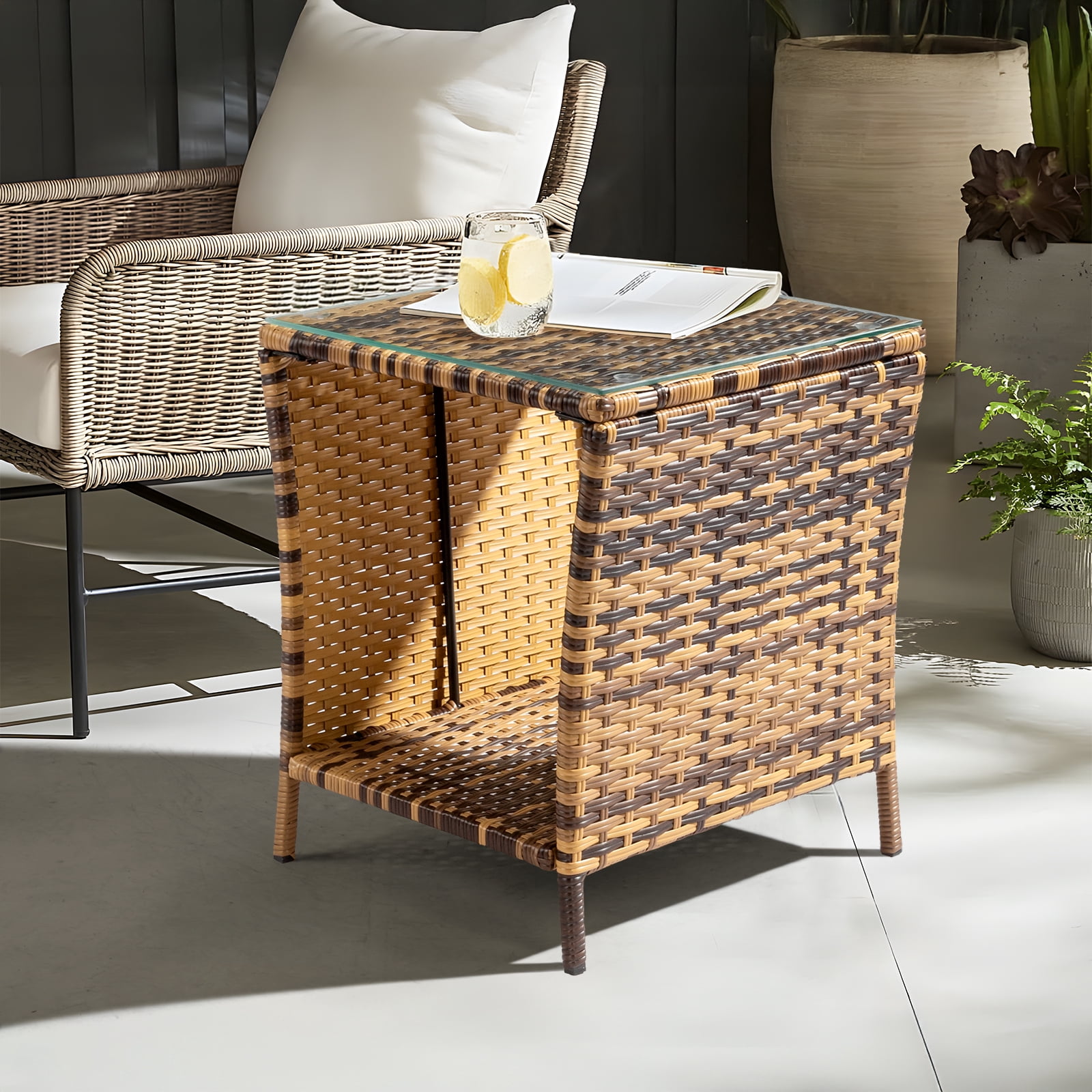 Yellow Gradient Rattan Side Table, Tempered Glass Top End Table with Iron Frame, Single Layer PE Cane Accent Table Easy Assembly for Living Room Bedroom Office Bathroom