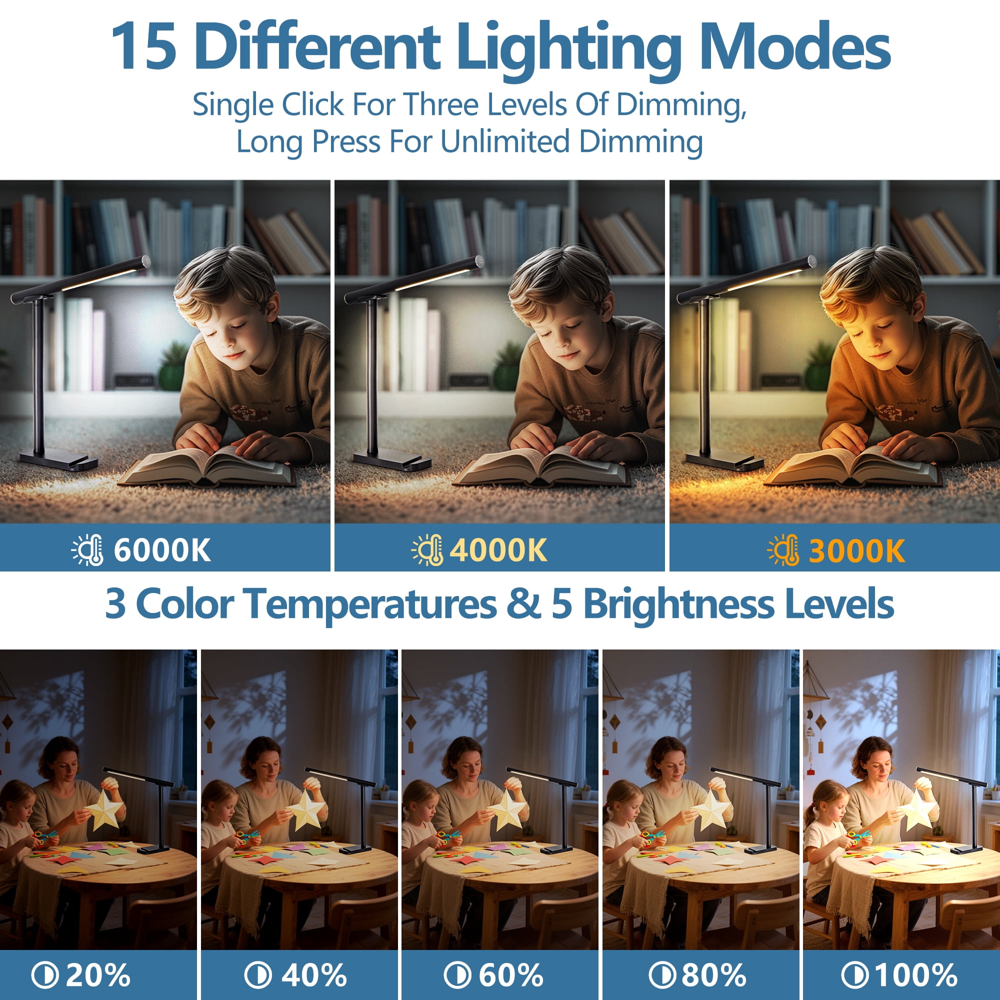 LED Desk Lamp 360° Adjustable, USB Charging Port, 5 Light Modes & Dimmable Brightness for Reading, Craft, Work, Study, Black