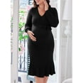 thumbnail image 4 of Asoul Maternity Warpped V Neck Pleated Dress Knit Midi Pregancy Dresses Ribbed Knit Nursing Clothes with Belt, 4 of 8